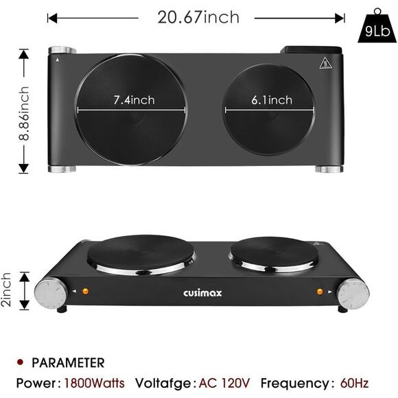 Double Hot Plates Electric Burner 1800W with Adjustable Temperature Control - Picture 6 of 9
